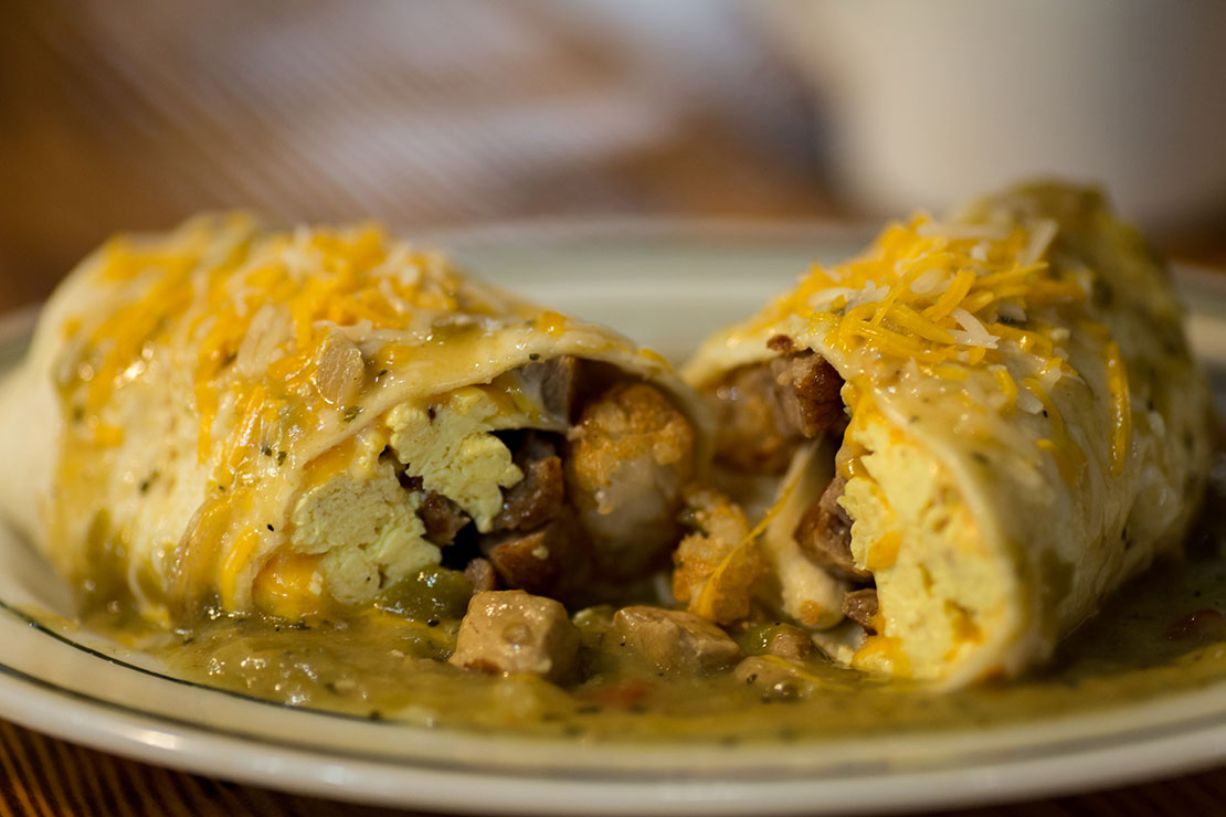 A beautiful photograph of a breakfast burrito at Custer Crossing Campground's Last Stand Café.
